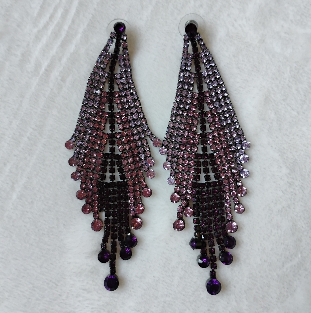 Beautiful Rhinestone Statement Earrings | Large Chandelier Purple Shades | 4.5"